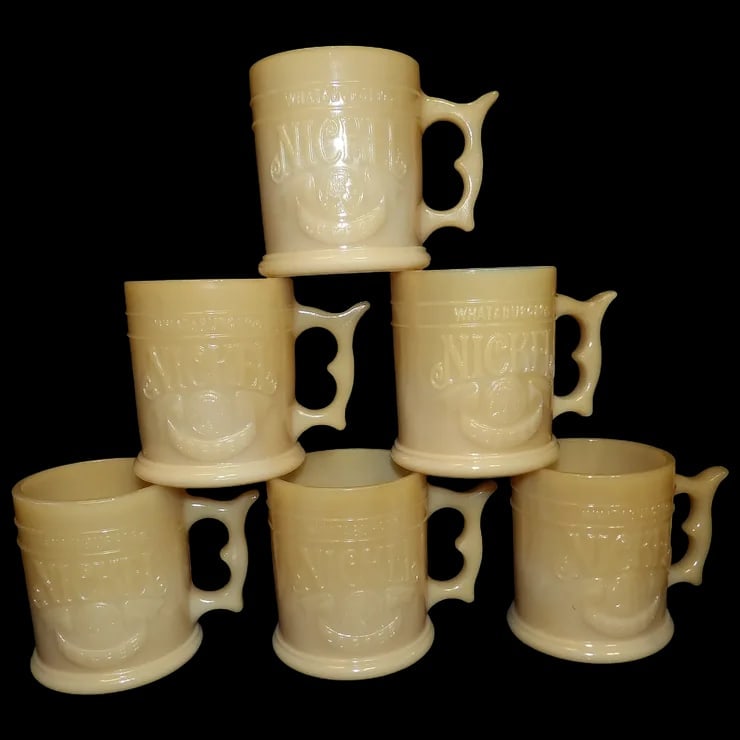 Vintage Slag Glass Whataburger Buffalo Indian Head Nickle Refill Cups: This is the Whataburger Buffalo Indian Head Nickle Slag Glass Mug. This cream-colored mug is approximately 4” across and 3 ¾” tall with a diameter of 3 ¼”. It is in