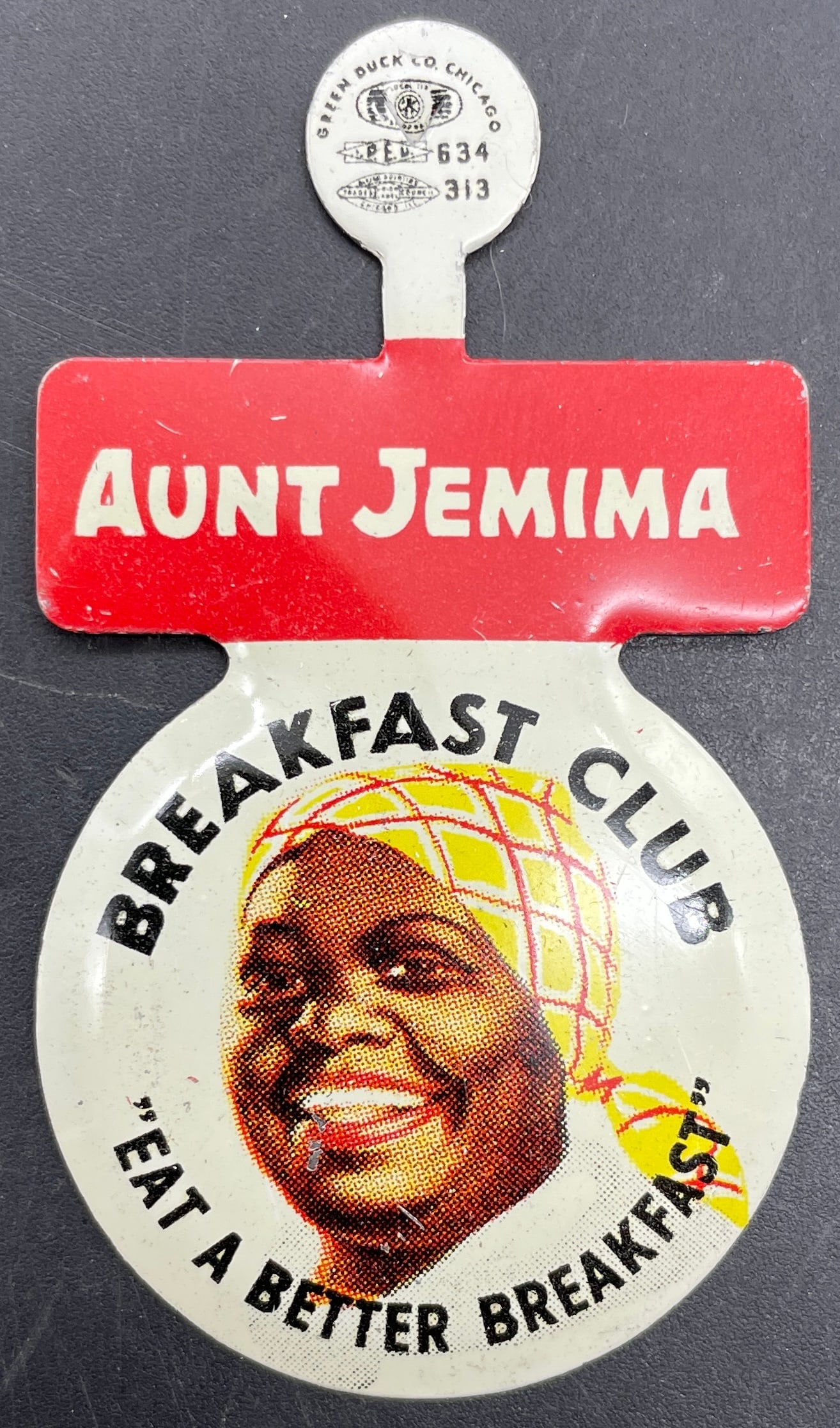 1950's Aunt Jemima Pancake Breakfast Club Bend Back Button NOS: Date/Period: APPROX 1950'S Dimension: Approx. 2" Material: metal Additional Information: Vintage 1950's Aunt Jemima Pancake Breakfast Club Bend Back Button Pin New Old Stock Shipping: Domestic: Flat-r