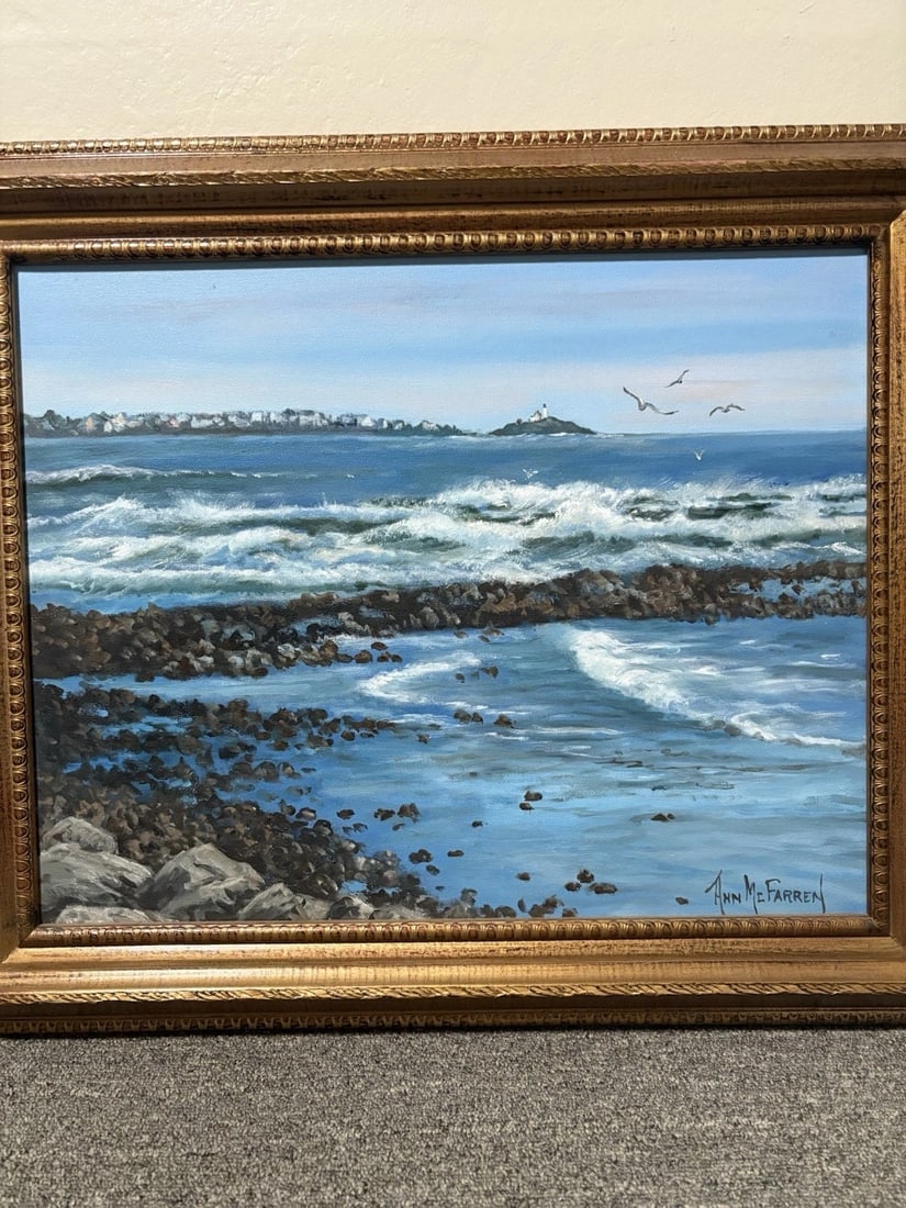 Ann Mcfarren Oil On Canvas Seascape Painting Nubble Light House Me - 2