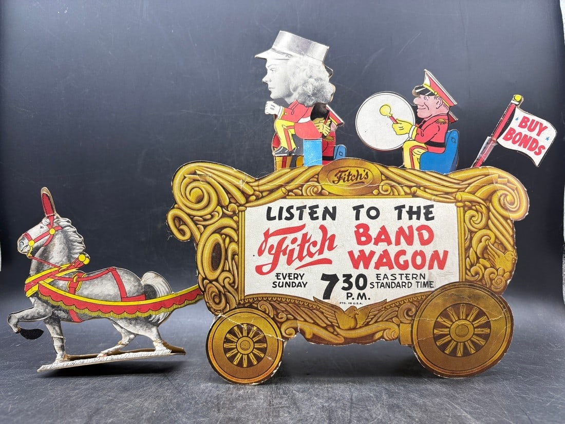 WWII Ringling Bros Barnum & Bailey Fitch Bandwagon Radio Show Counter Display: Date/Period: Approx 1940's Dimension: Approx 16" long x 11" x 3" wide Material: cardboard/paper Additional Information: Extremely hard to find piece of memorabilia from the WWII. This cardboard bandwa