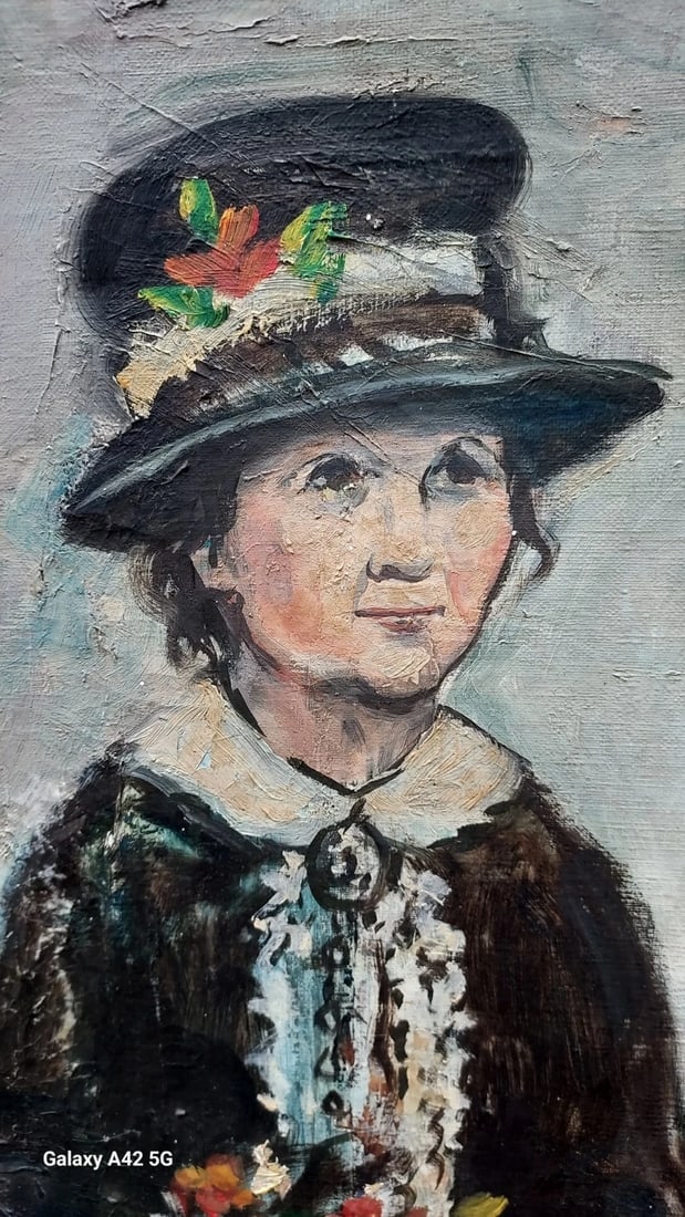 Oil painting Americana Garden Lady Colorful Hat: Great looking piece in very good condition. She has a great look and folky style. Dates to 1940. Measures approximately 12 x 20" NO frame. Painted on canvas. Shipping:Domestic: Flat-rate of $25.00