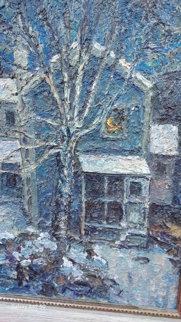 Phenomenal Oil painting First Snowfall morning Signed: One of the best painting I have seen. Lighting and colors are incredible. Looks to be signed on bottom left corner. Measures by 18 x 28" overall. Shipping costs include insurance. Shipping: Domestic: