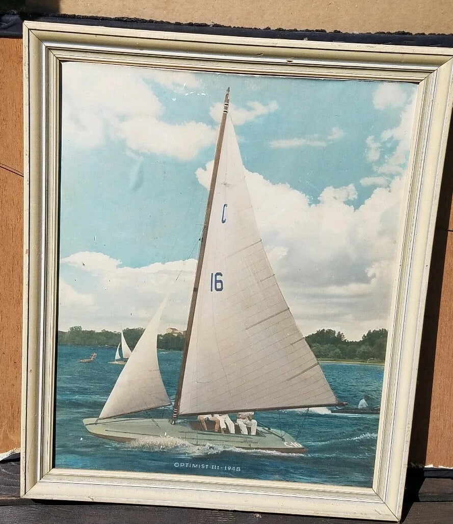 Optimist III sailboat c-16 1948 on cardboard: Great looking piece in very good condition. Dated 1948. Measures 19 x 23" overall. Shipping: Domestic: Flat-rate of $40.00 to anywhere within the contiguous U.S. International: Foreign shipping rates