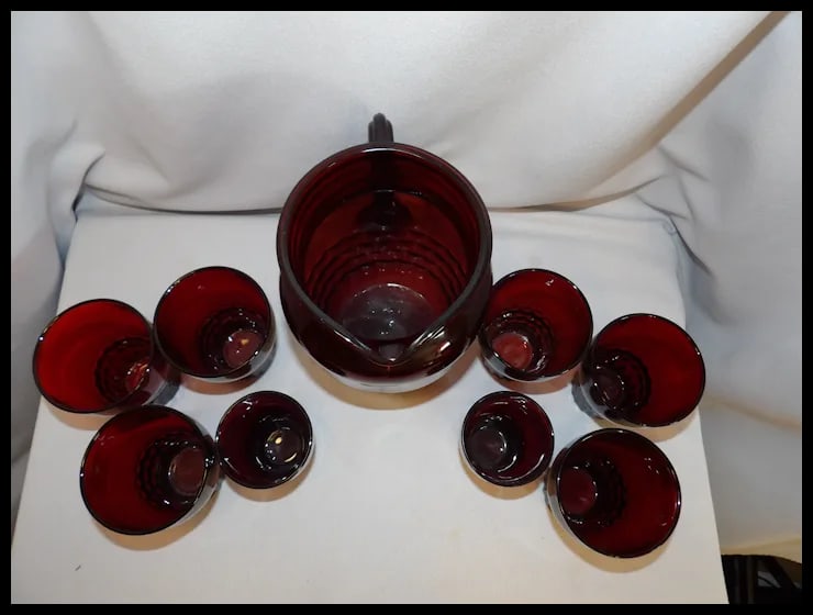Vintage Anchor Hocking Windsor Ruby Red Pitcher with Glasses - 11