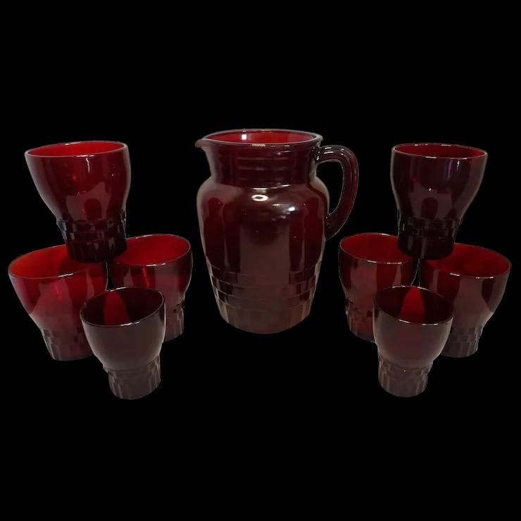 Vintage Anchor Hocking Windsor Ruby Red Pitcher with Glasses (1 of 11)