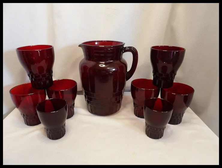 Vintage Anchor Hocking Windsor Ruby Red Pitcher with Glasses - 2