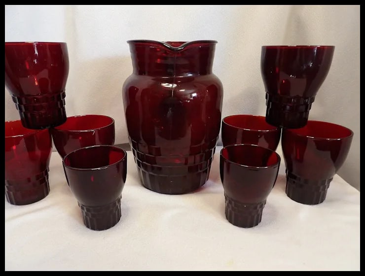 Vintage Anchor Hocking Windsor Ruby Red Pitcher with Glasses - 3