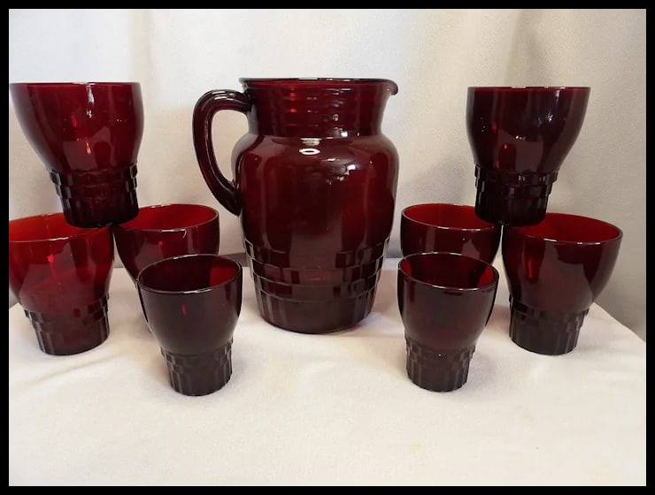 Vintage Anchor Hocking Windsor Ruby Red Pitcher with Glasses - 4