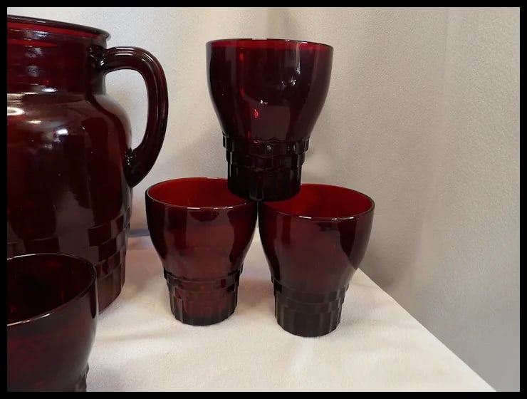 Vintage Anchor Hocking Windsor Ruby Red Pitcher with Glasses - 7