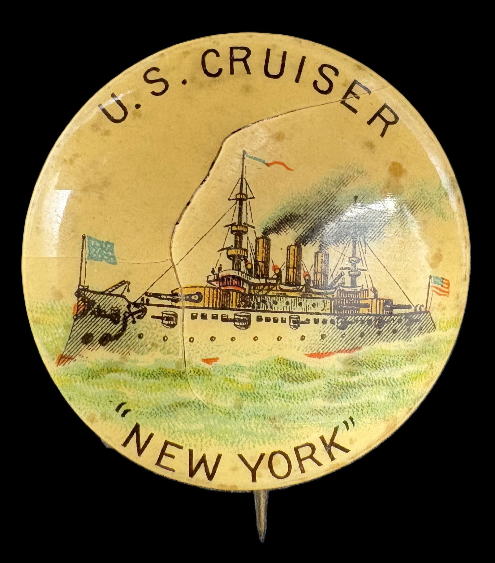 Spanish American War Pinback U. S. Cruiser "New York": Date/Period: approx 1890'sDimension: Approx. 1.25" diameterMaterial: celluloid, metalAdditional Information: This celluloid pinback button measures 1.25 inches in diameter and is detailed and