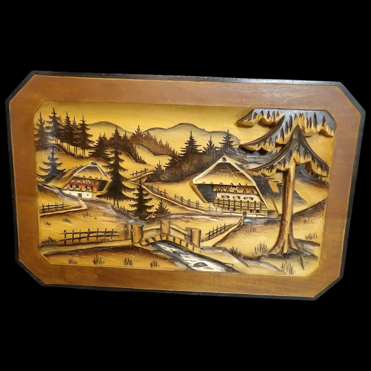 Mid Century Hand Carved German Wood Chalet Scene (1 of 7)