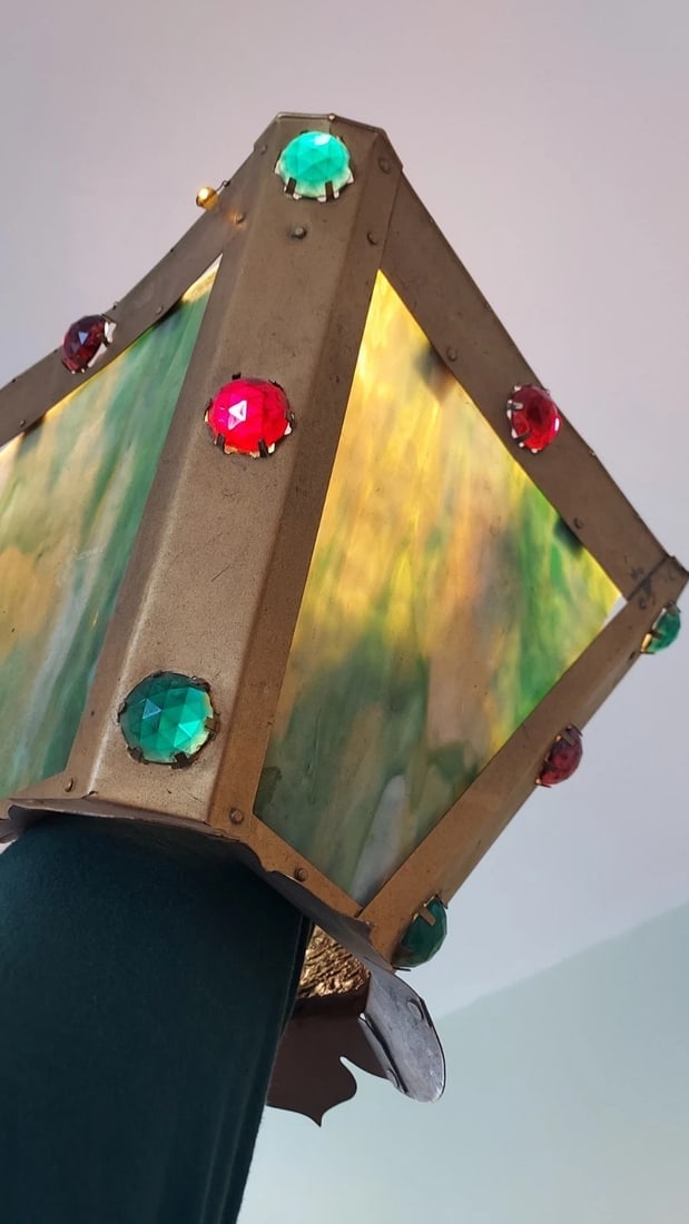 Antique Brass With Stained Jewels Oil Lamp Shade 1880: Great looking piece in good condition. One panel replaced with clear glass and one missing corner but still covers area. Frame is excellent. All jewels are present. Opening on bottom is 3 7/8" to fit