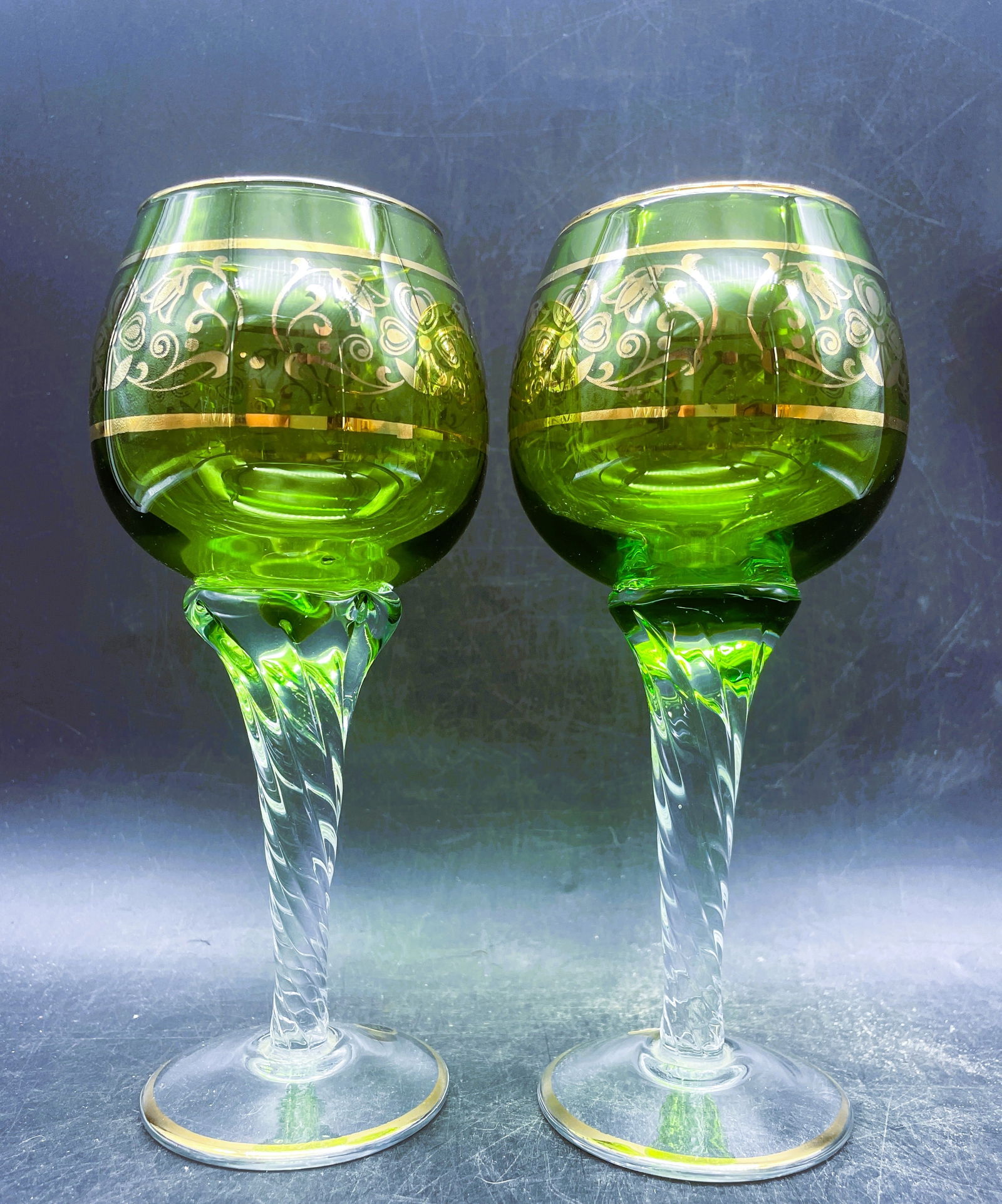 MCM VTG Emerald Green Gold Gilt Wine Glass Goblets Italy (1 of 8)