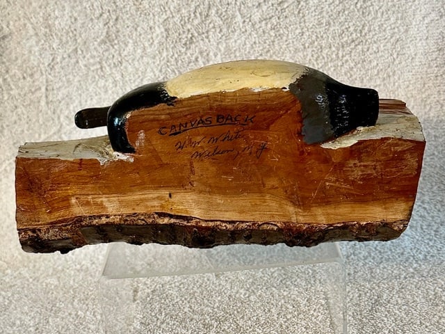 Canvasback Duck Carving in Log Signed - 5