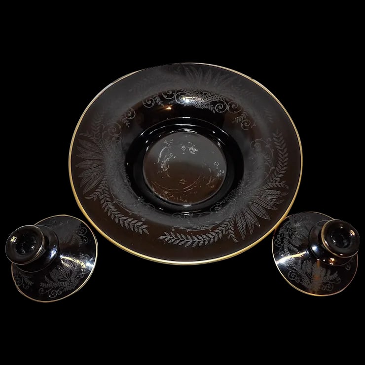 Vintage Fostoria Ebony Black Glass Fern Etched Footed Console Bowl (1 of 14)