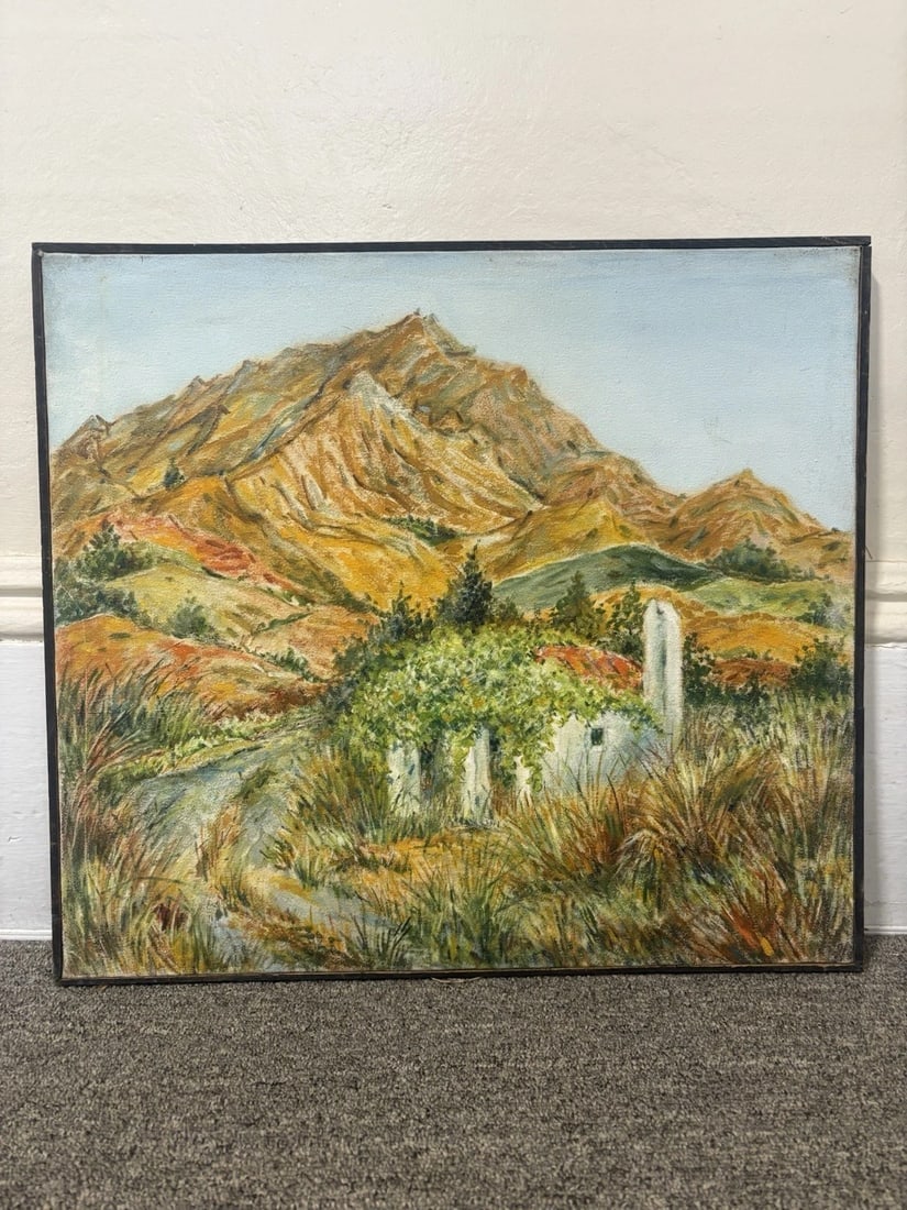 Paul Jack Maroon Oil On Canvas Sierra Nevada Mts California Landscape Painting: It measures 20” x 18” and is not signed but the back is marked in his hand writing and in the style that he marked all his paintings on the back. It is in good condition and is being sold