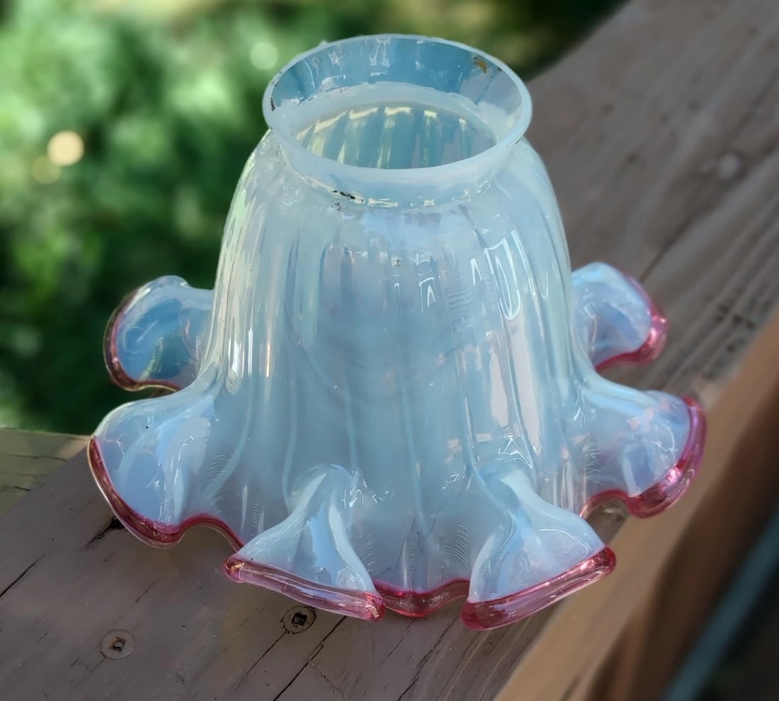Rare Electric lamp shade art fluted opalescent glass Cranberry Rim (1 of 2)