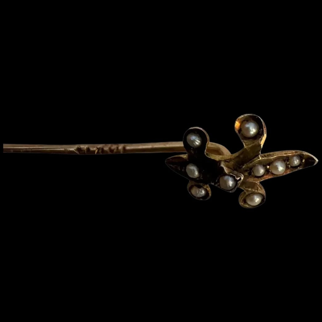 Antique Victorian Fleur de leaf 10k Gold w/seed pearls PIN - 2