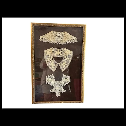 Antique 19th c Victorian hand done three Lace Collars Framed - 2