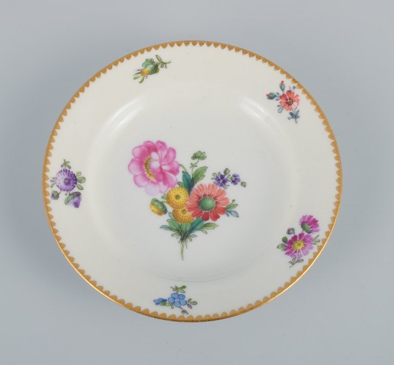 B&G, Bing & Grondahl Saxon flower. six cake plates decorated with flowers and gold trim. - 6