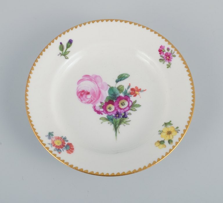 B&G, Bing & Grondahl Saxon flower. six cake plates decorated with flowers and gold trim. - 8