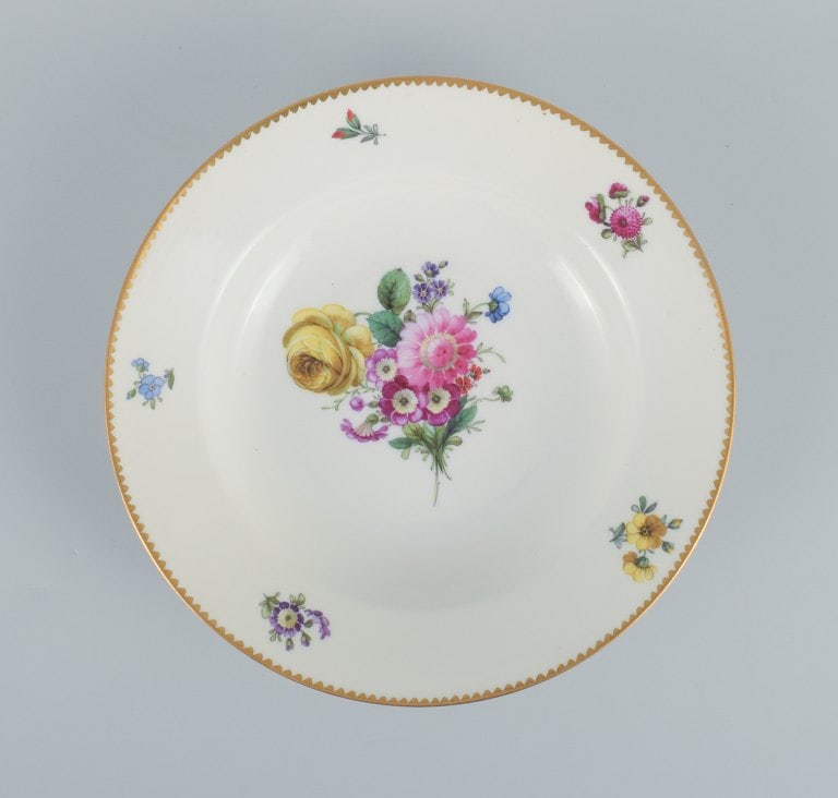 B&G, Bing & Grondahl Saxon flower. Three deep plates decorated with flowers and gold rim. - 3