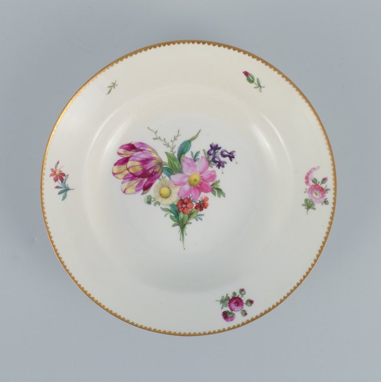 B&G, Bing & Grondahl Saxon flower. Three deep plates decorated with flowers and gold rim. - 4