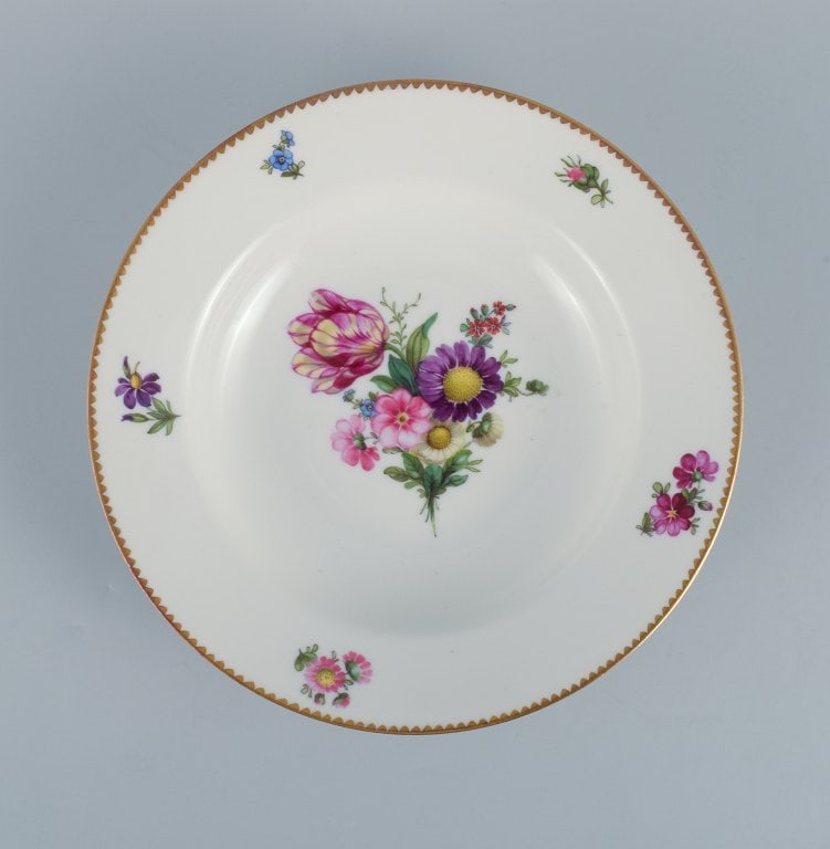 B&G, Bing & Grondahl Saxon flower. Four deep plates decorated with flowers and gold rim. - 2