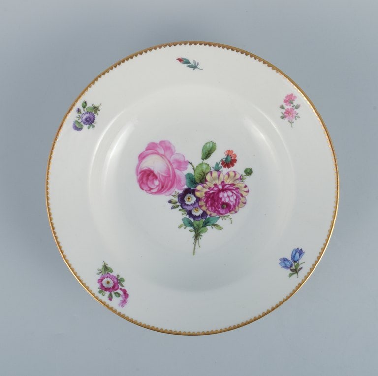 B&G, Bing & Grondahl Saxon flower. Four deep plates decorated with flowers and gold rim. - 4