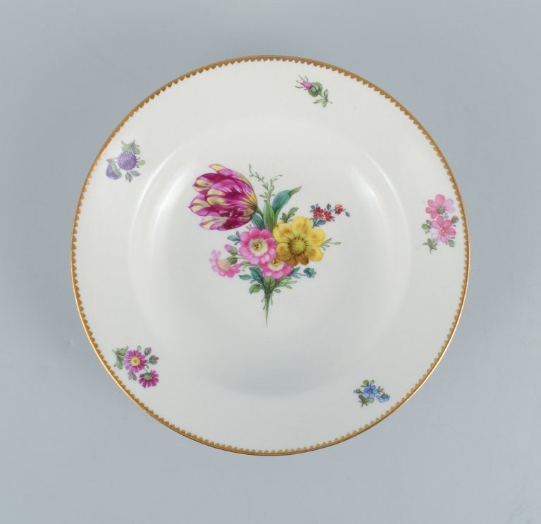 B&G, Bing & Grondahl Saxon flower. Five deep plates decorated with flowers and gold rim. - 2