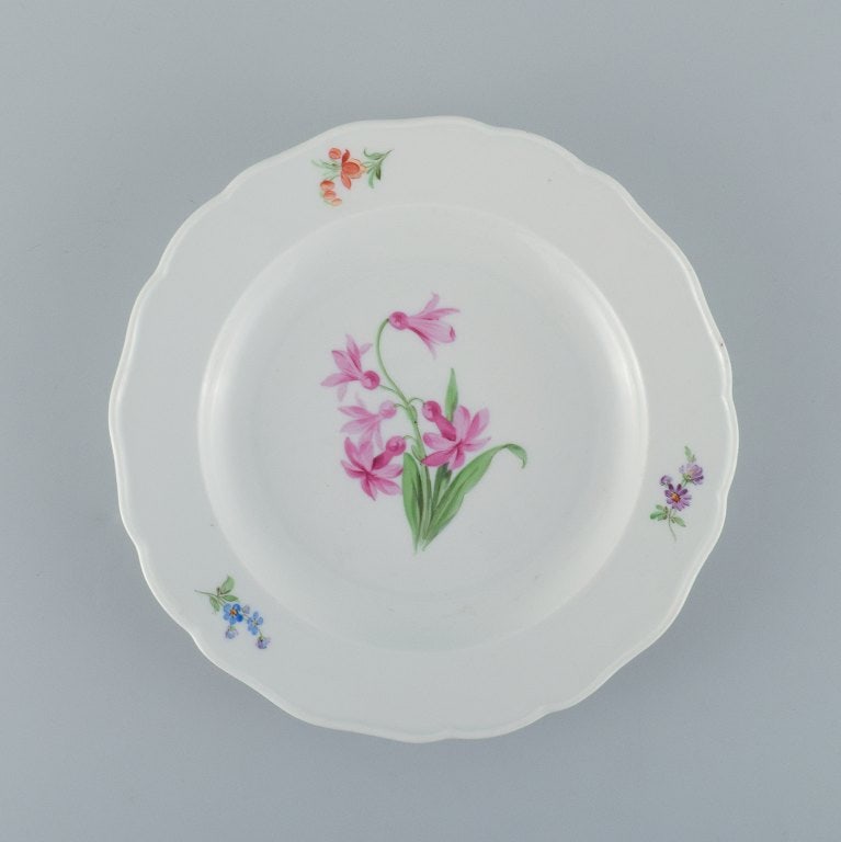 Ten antique Meissen dinner plates. Hand painted with various polychrome flowers. - 2