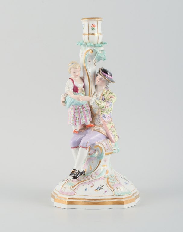 Large antique Meissen candlestick in hand-painted porcelain decorated with flowers, insects and (1 of 6)
