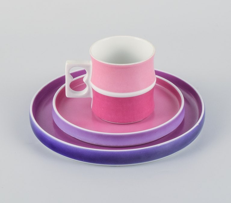 Arzberg, Germany, Chromatics coffee set with mug and two plates in shades of purple and pink. Late: Title: Arzberg, Germany, Chromatics coffee set with mug and two plates in shades of purple and pink. Late 20th century, Modernist. Description: Arzberg, Germany, Chromatics coffee set with mug and two