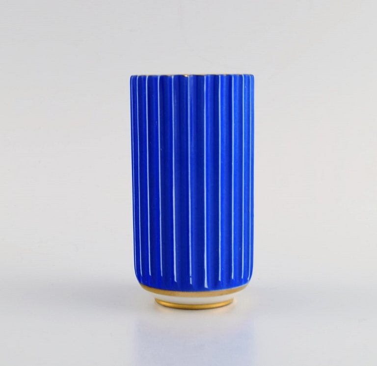 Early blue Lyngby porcelain vase in with gold decoration. Mid 20th century. - 2