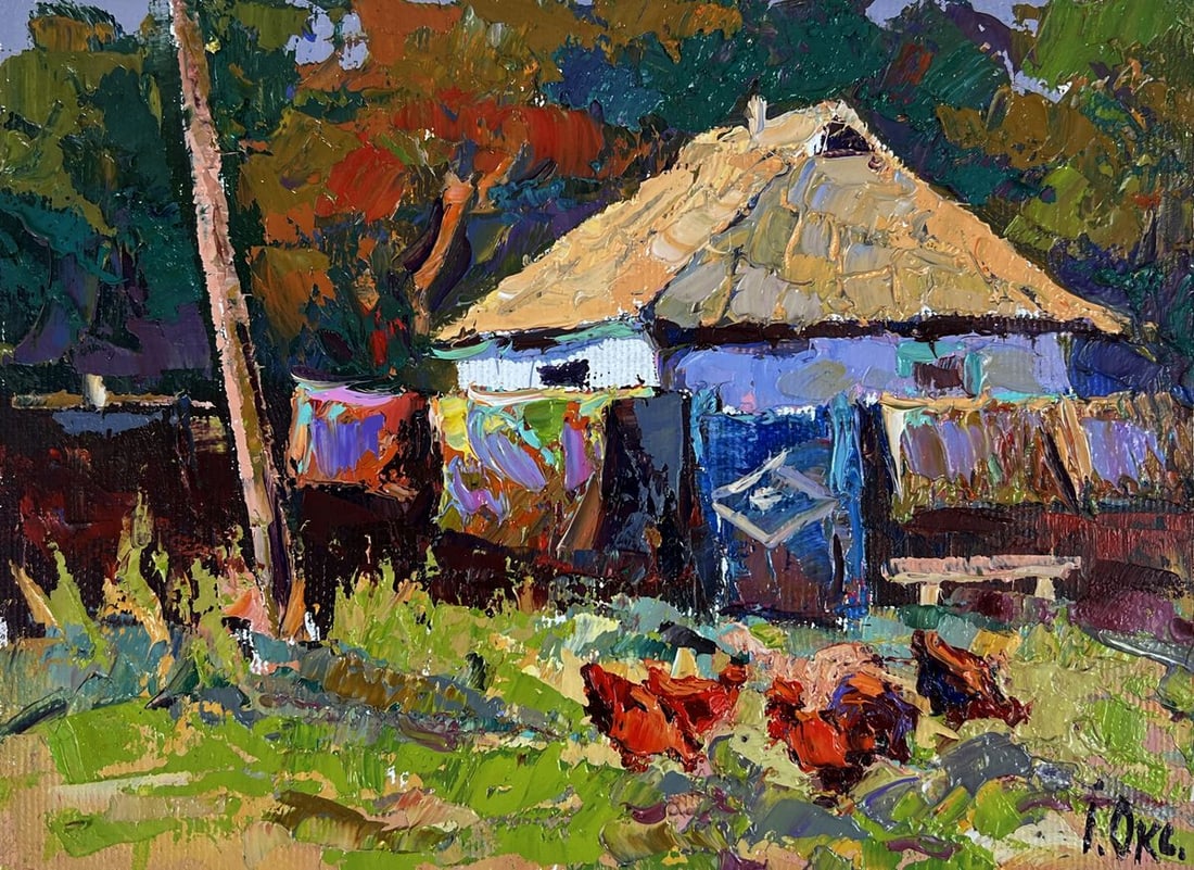 Oil painting Chickens Near the Yard Oksana Ivanyuk - 3