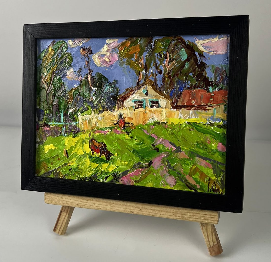 Oil painting A cow is grazing near the yard Oleksiy Ivanyuk - 2