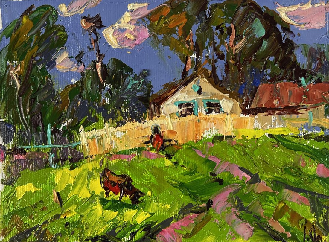 Oil painting A cow is grazing near the yard Oleksiy Ivanyuk - 3