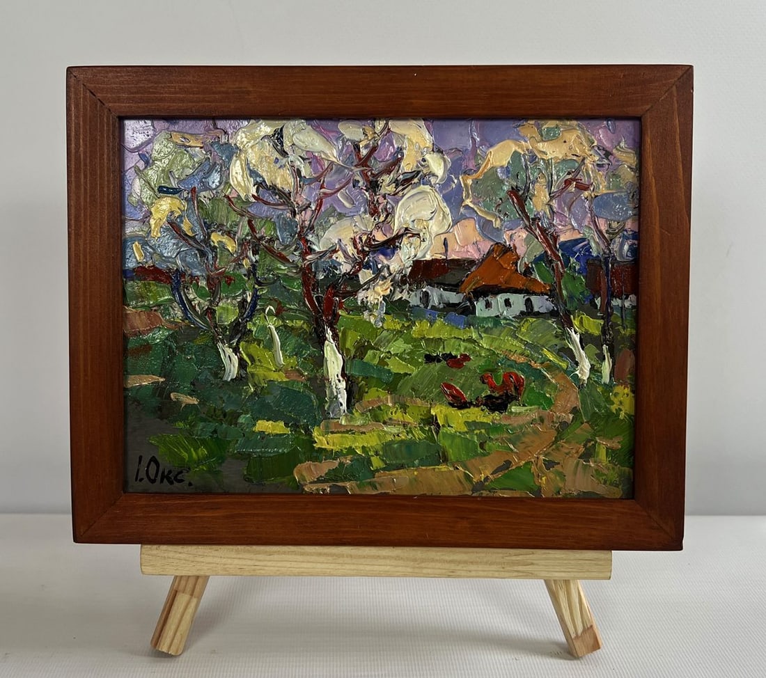 Oil painting Spring scent of nature Oksana Kalenyuk: Title: Oil painting Spring scent of nature Oksana Kalenyuk Description: NoAAA4752 The oil painting on cardboard titled "Spring Scent of Nature" encapsulates the fresh, vibrant atmosphere of a countrys