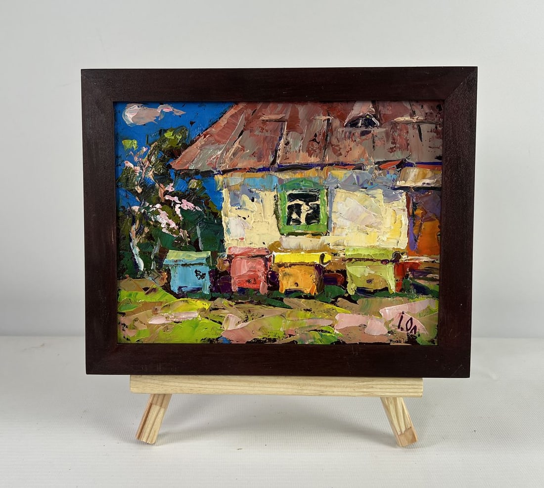 Oil painting Spring is coming to the yard Alex Kalenyuk: Title: Oil painting Spring is coming to the yard Alex Kalenyuk Description: NoAAA5082 The oil painting on Cardboard titled "Spring is Coming to the Yard" is a joyful and vivid celebration of seasonal