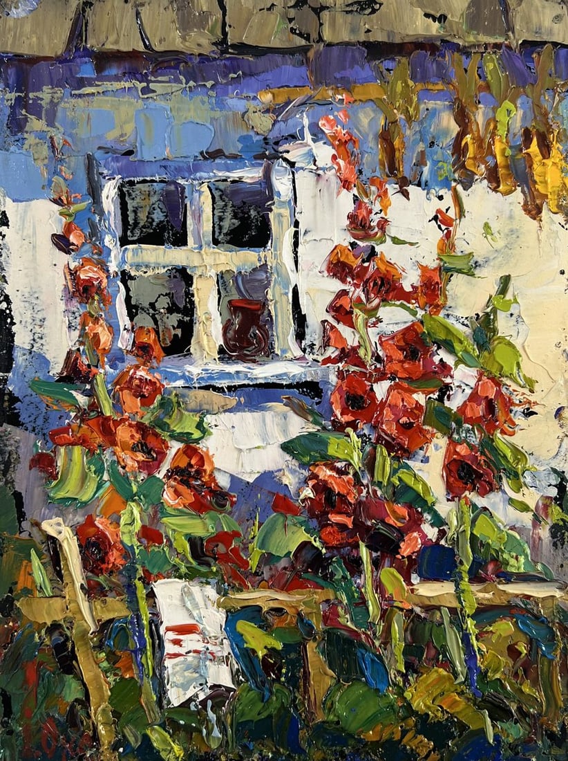 Oil painting Mallows are blooming near the house Oksana Kalenyuk - 3