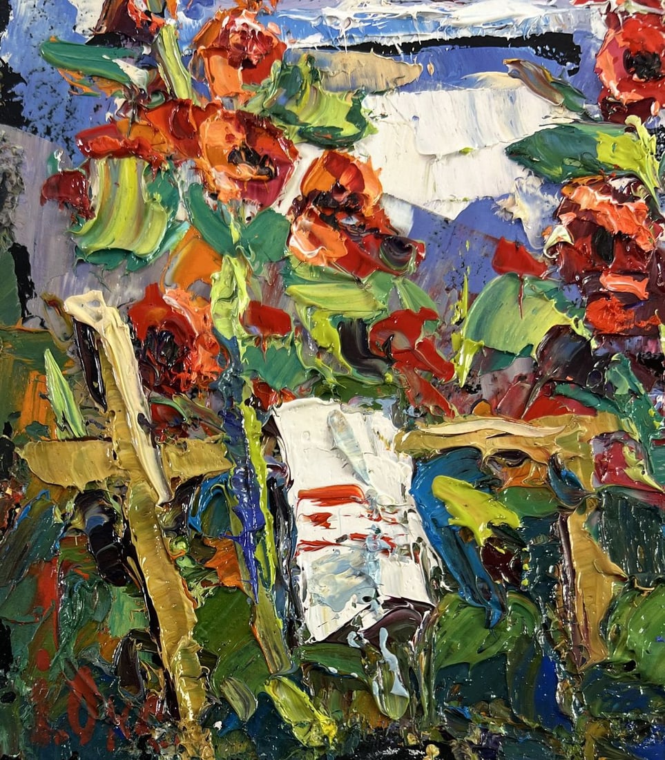 Oil painting Mallows are blooming near the house Oksana Kalenyuk - 6