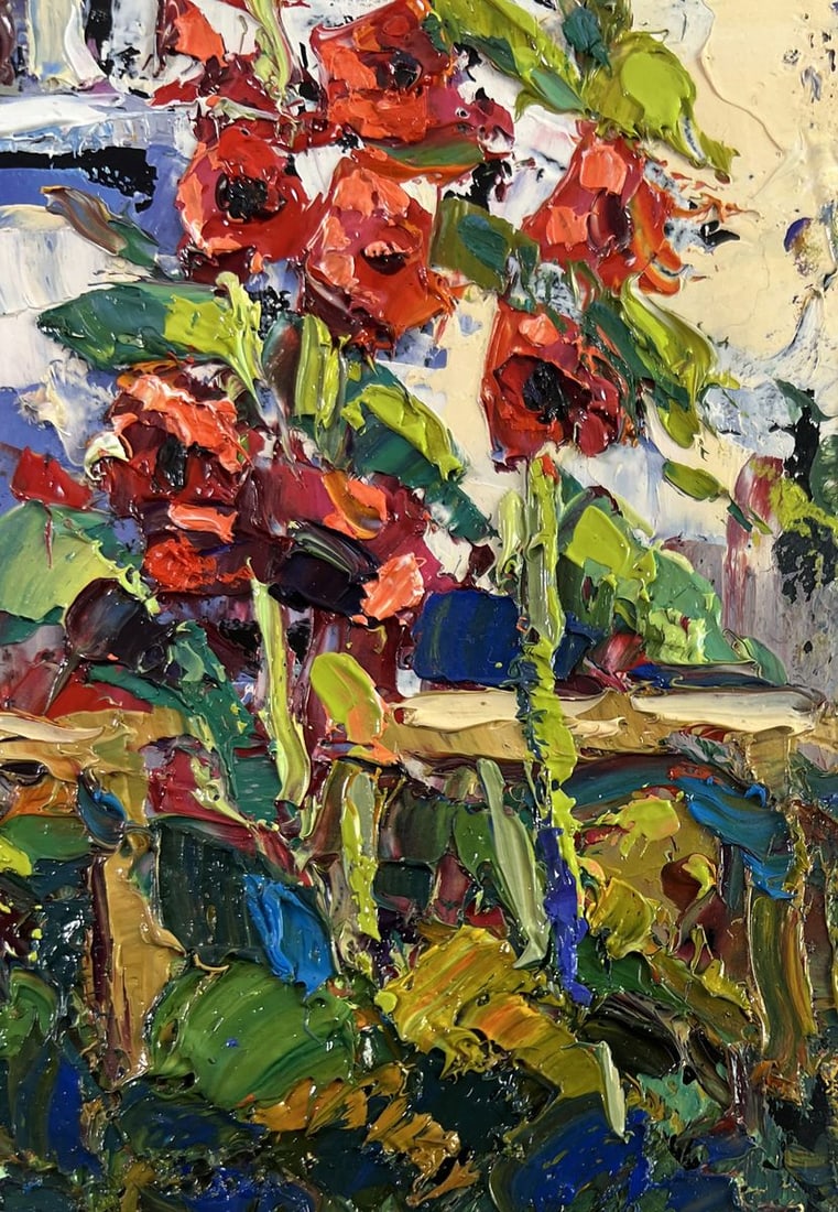 Oil painting Mallows are blooming near the house Oksana Kalenyuk - 7