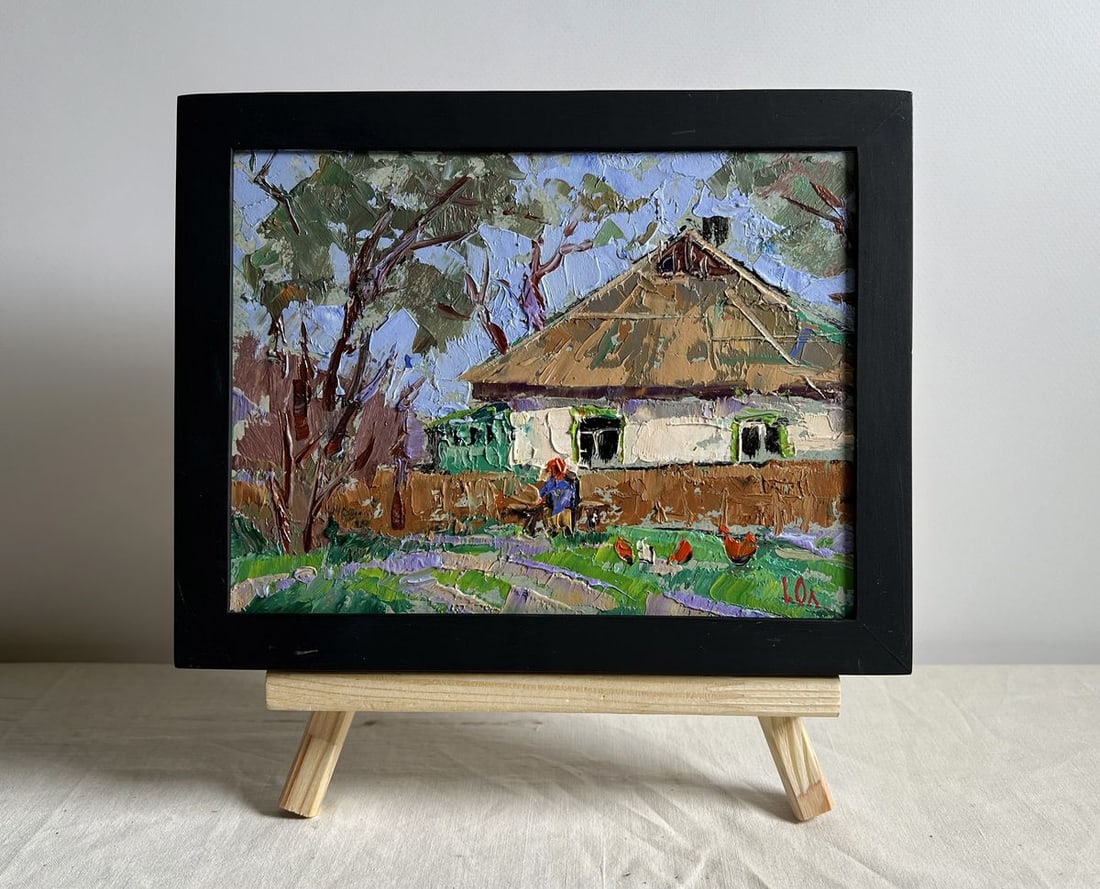 Oil painting Grandma is sitting on a bench Alex Kalenyuk: Title: Oil painting Grandma is sitting on a bench Alex Kalenyuk Description: NoAAA4030 This oil painting cardboard, titled "Grandma is sitting on a bench", the house, with its green window shutters an