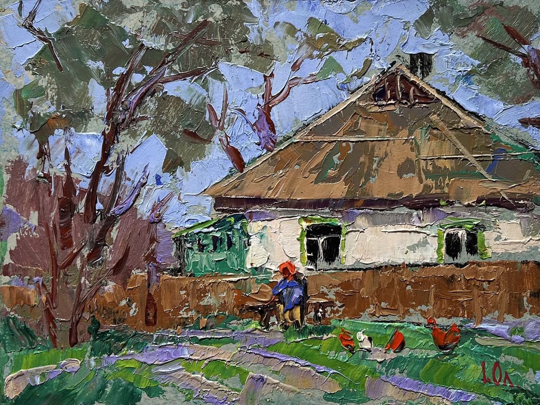 Oil painting Grandma is sitting on a bench Alex Kalenyuk - 3