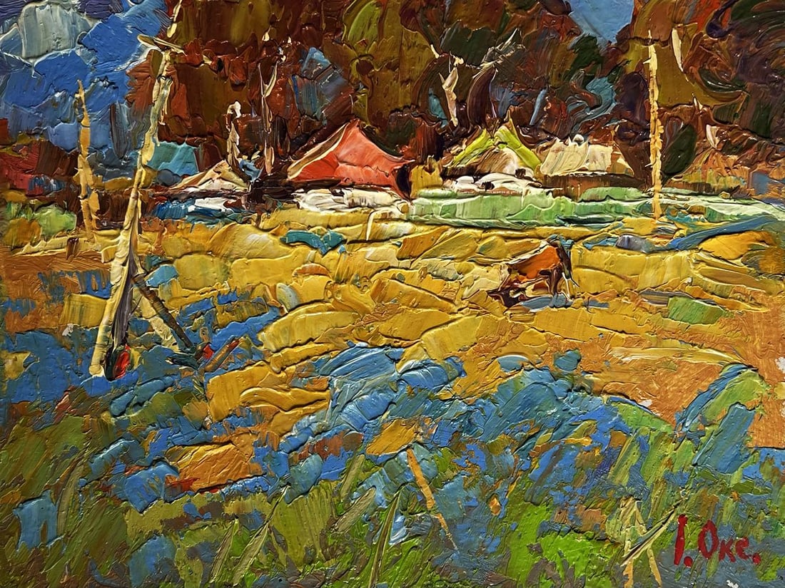 Oil painting A cow in a field near a village Oksana Kalenyuk - 3