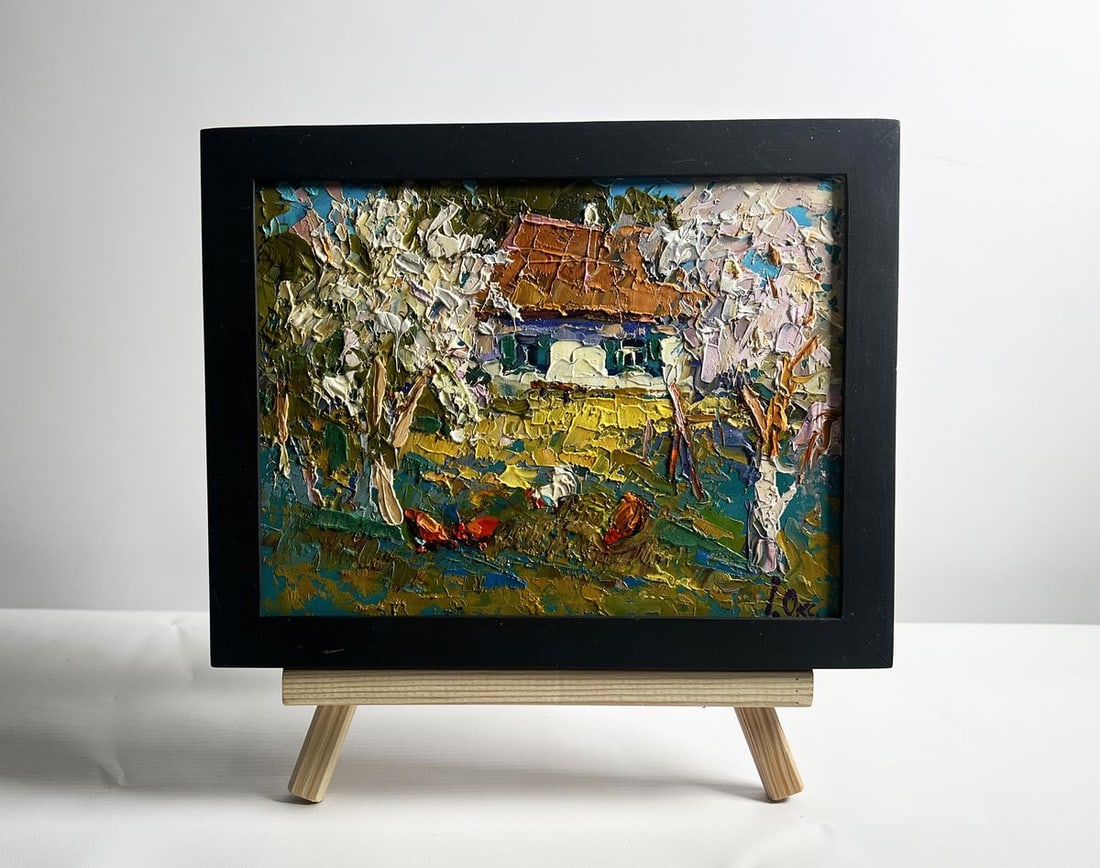 Oil painting Flowering trees in the garden Oksana Kalenyuk: Title: Oil painting Flowering trees in the garden Oksana Kalenyuk Description: NoAAA4089 This oil painting cardboard, titled "Flowering trees in the garden", the composition is centered around a cozy
