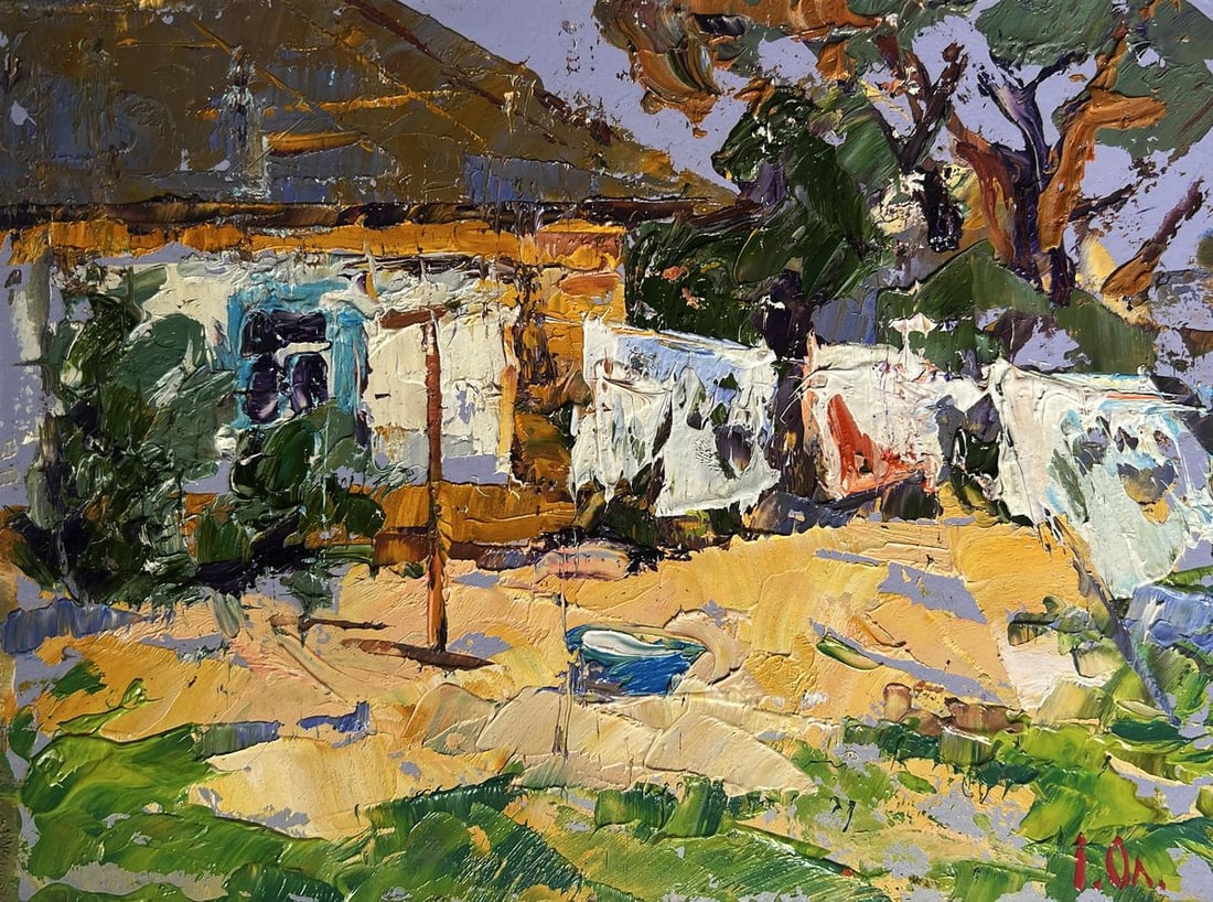 Oil painting Clothes are drying in the yard Alex Kalenyuk - 3