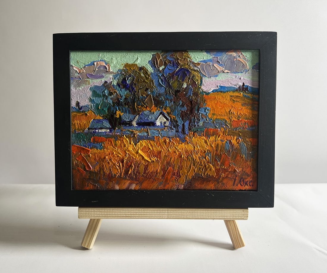 Oil painting Autumn village evening Oksana Kalenyuk: Title: Oil painting Autumn village evening Oksana Kalenyuk Description: NoAAA4121 This oil painting canvas, titled "Autumn village evening", This oil painting on canvas captures the serene beauty of a
