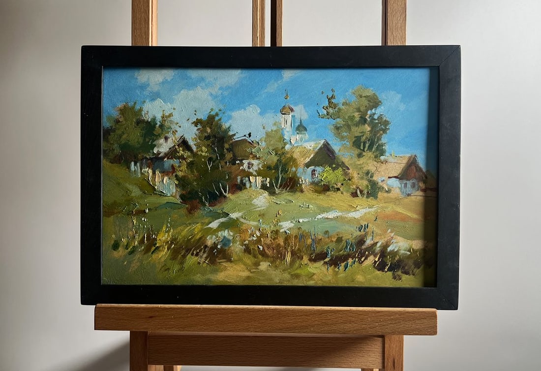 Oil painting View of the village and the church Yuriy Suprunchuk: Title: Oil painting View of the village and the church Yuriy Suprunchuk Description: NoAAA4182 The painting titled "View of the Village and the Church" captures the charm and serenity of rural life,