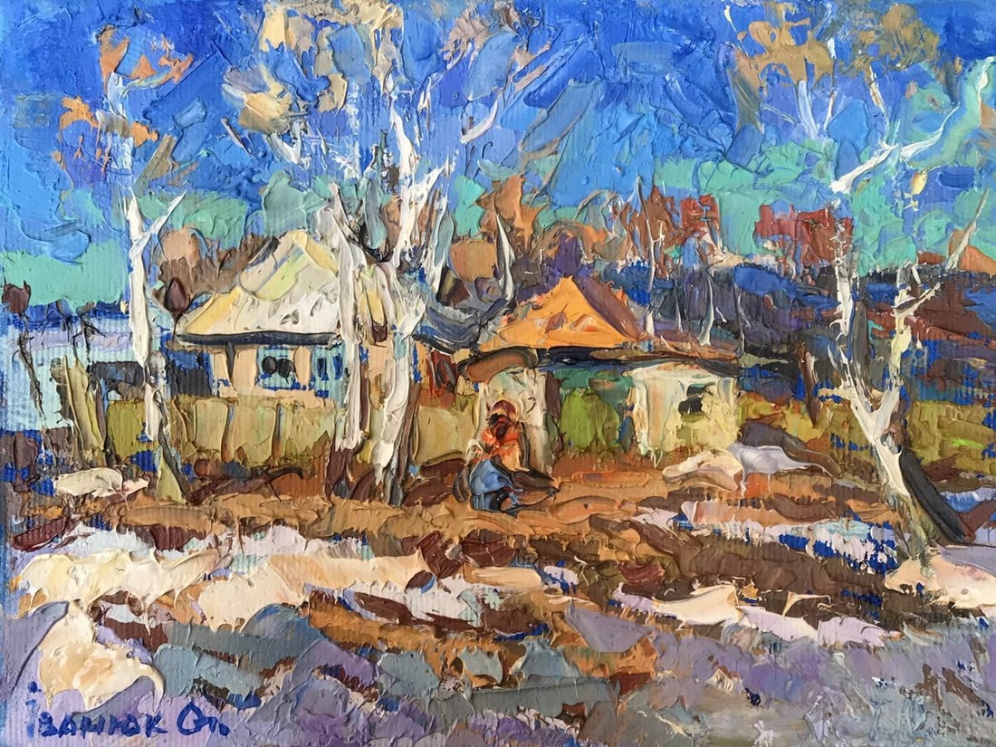 Oil painting March Kalenyuk Alex: Title: Oil painting March Kalenyuk Alex Description: NoAAA3079"March" is a captivating oil painting that beautifully captures the essence of early spring in a tranquil village setting. The canvas come